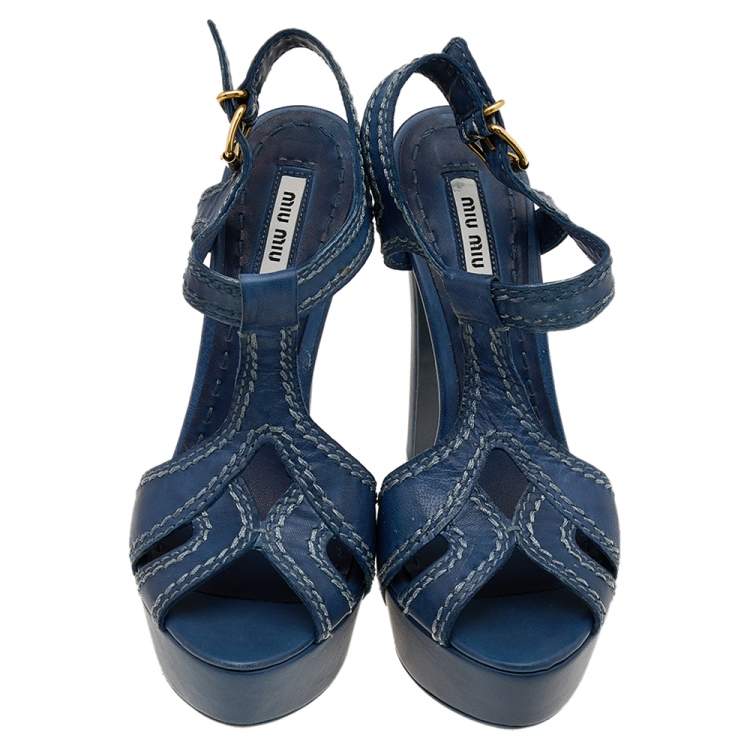 Pre Owned Miu Miu Blue Leather Stitch Detail Ankle Strap Platform Sandals Size 38