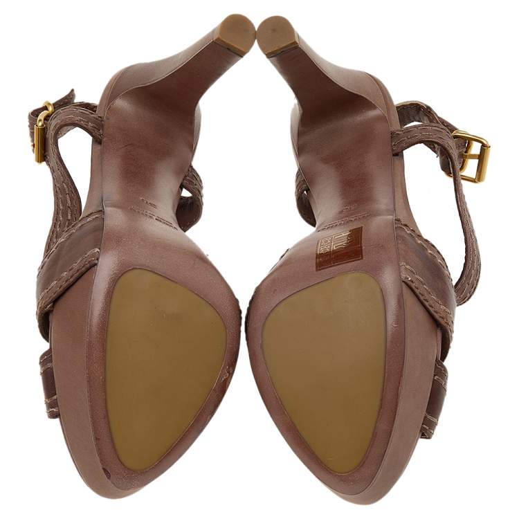 مملوكة مسبقًا Miu Miu Brown Leather Stitch Detail Ankle Strap Platform Sandals Size 38