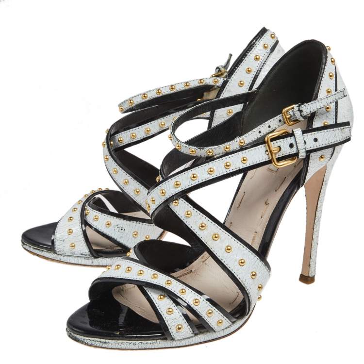 Pre Owned Miu Miu White Studded Crackled Leather Ankle-Strap Sandals Size 39
