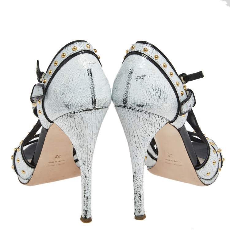 Pre Owned Miu Miu White Studded Crackled Leather Ankle-Strap Sandals Size 39