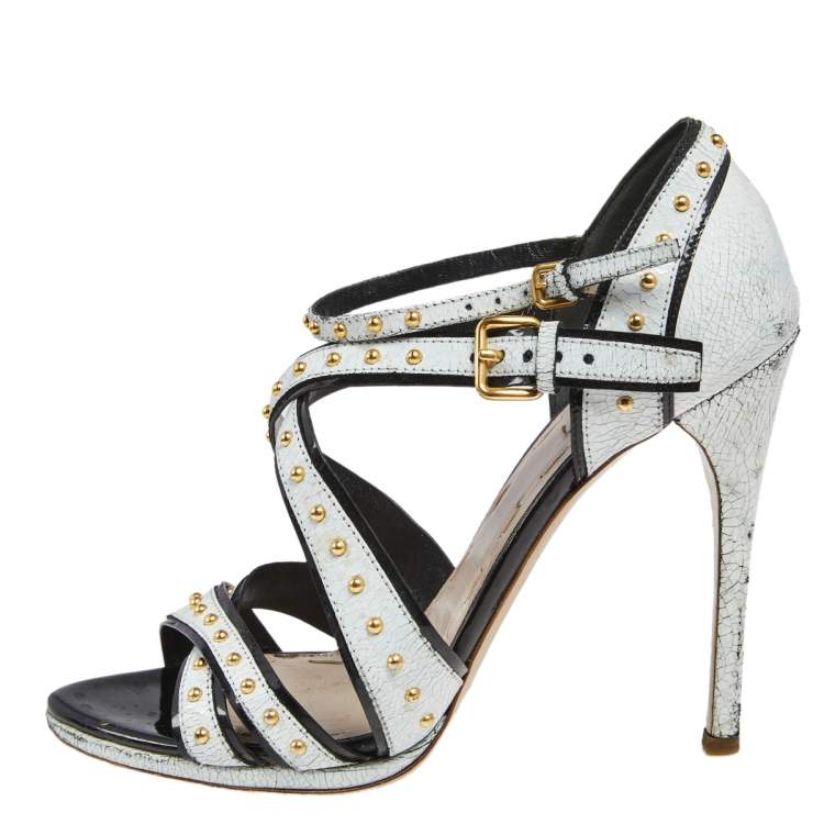Pre Owned Miu Miu White Studded Crackled Leather Ankle-Strap Sandals Size 39