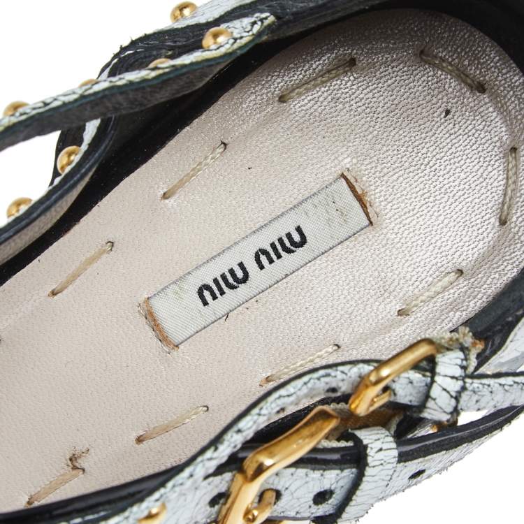 Pre Owned Miu Miu White Studded Crackled Leather Ankle-Strap Sandals Size 39