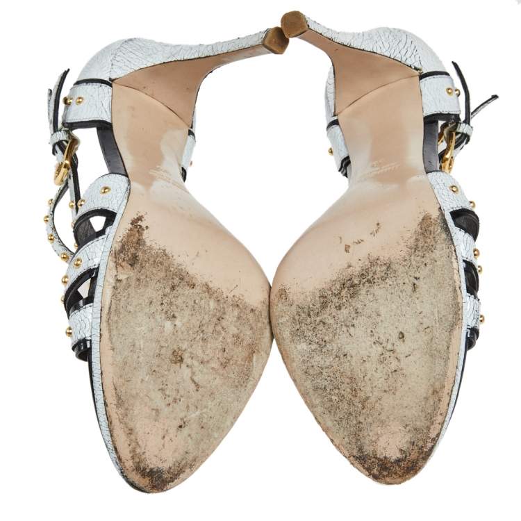 Pre Owned Miu Miu White Studded Crackled Leather Ankle-Strap Sandals Size 39