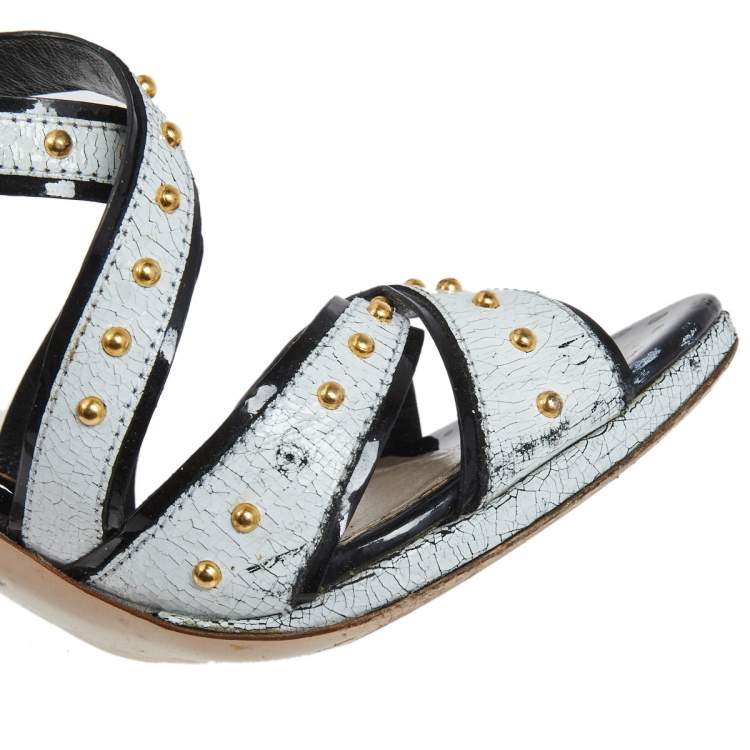 Pre Owned Miu Miu White Studded Crackled Leather Ankle-Strap Sandals Size 39