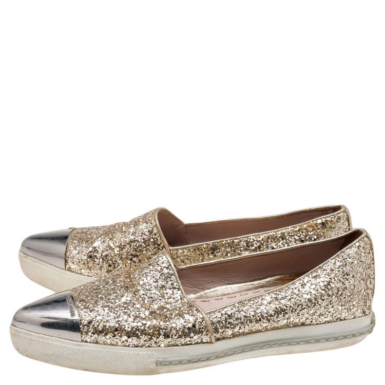 Pre Owned Miu Miu Gold Glitter And Metal Cap Toe Slip On Sneakers Size 35