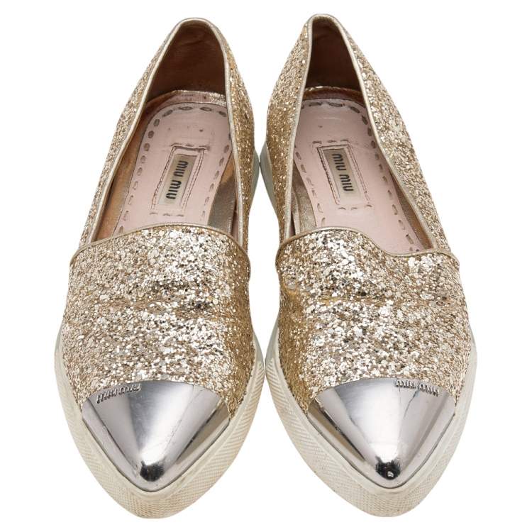 Pre Owned Miu Miu Gold Glitter And Metal Cap Toe Slip On Sneakers Size 35