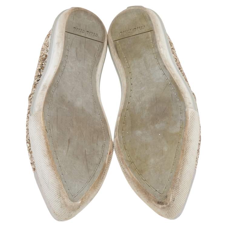 Pre Owned Miu Miu Gold Glitter And Metal Cap Toe Slip On Sneakers Size 35