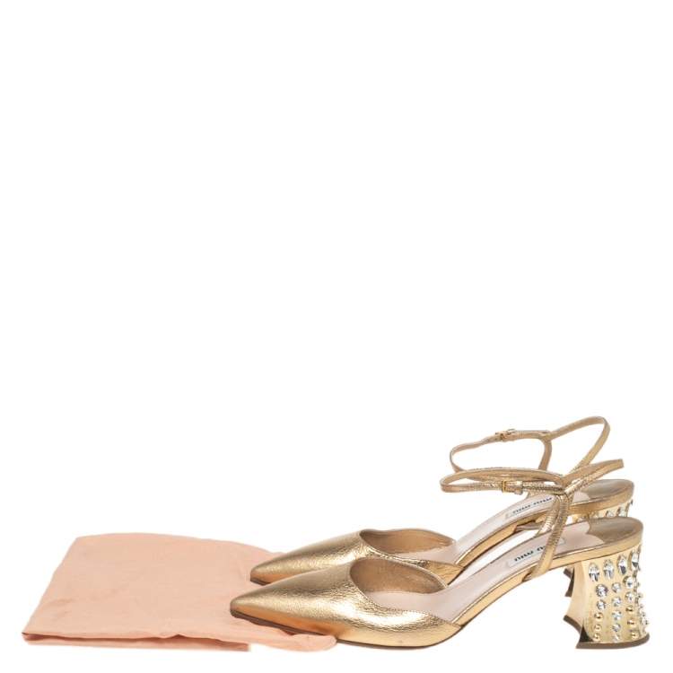 Pre Owned Miu Miu Gold Leather Jewel Embellished Block Heel Ankle-Strap Pointed-Toe Pumps Size 40