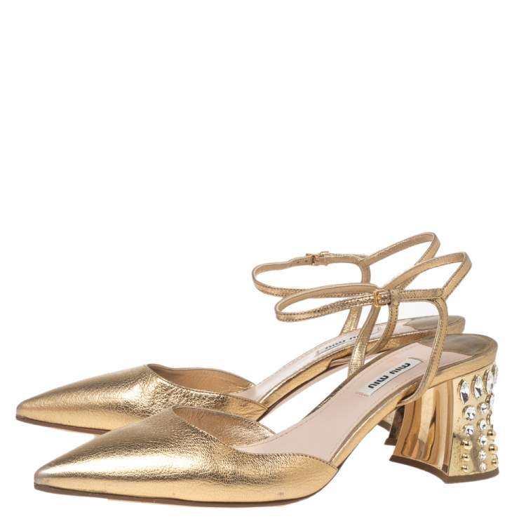 Pre Owned Miu Miu Gold Leather Jewel Embellished Block Heel Ankle-Strap Pointed-Toe Pumps Size 40