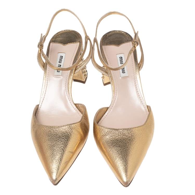 Pre Owned Miu Miu Gold Leather Jewel Embellished Block Heel Ankle-Strap Pointed-Toe Pumps Size 40