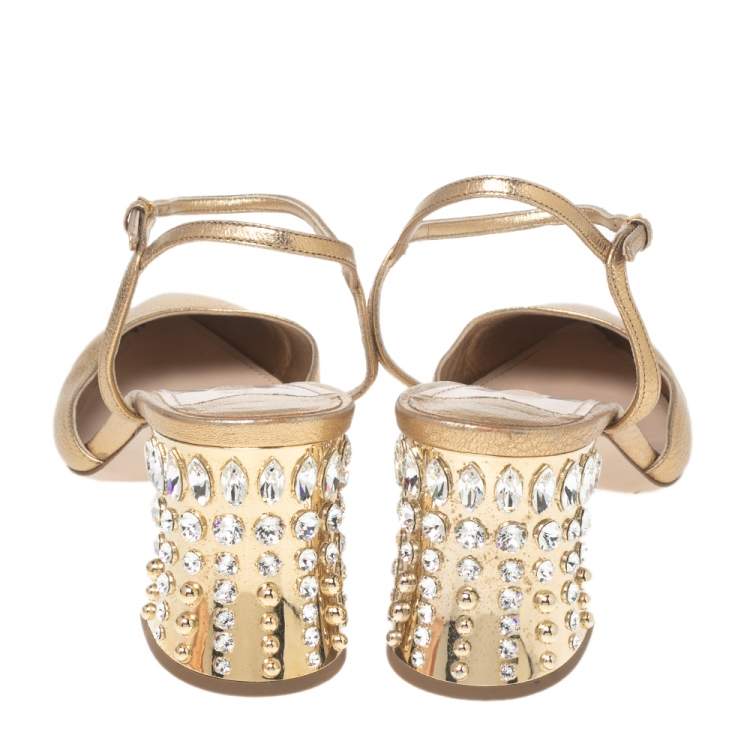 Pre Owned Miu Miu Gold Leather Jewel Embellished Block Heel Ankle-Strap Pointed-Toe Pumps Size 40