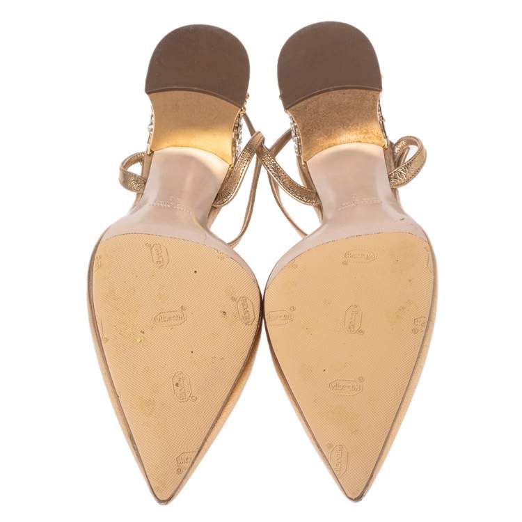 Pre Owned Miu Miu Gold Leather Jewel Embellished Block Heel Ankle-Strap Pointed-Toe Pumps Size 40