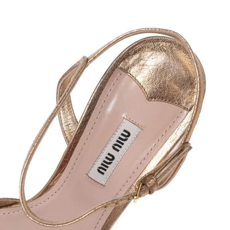 Pre Owned Miu Miu Gold Leather Jewel Embellished Block Heel Ankle-Strap Pointed-Toe Pumps Size 40