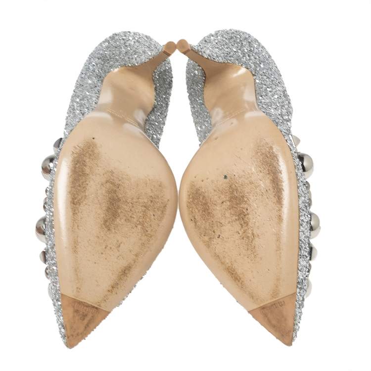 مملوكة مسبقًا Miu Miu Silver Studded Glitter Pointed-Toe Pumps Size 38