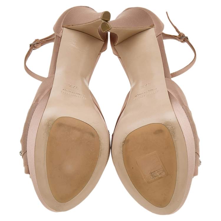 Pre Owned Miu Miu Beige Satin Crystal Embellished Platform Ankle Strap Sandals Size 37.5