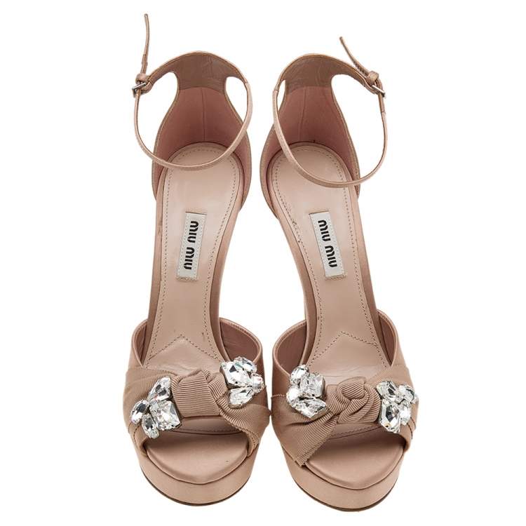Pre Owned Miu Miu Beige Satin Crystal Embellished Platform Ankle Strap Sandals Size 37.5