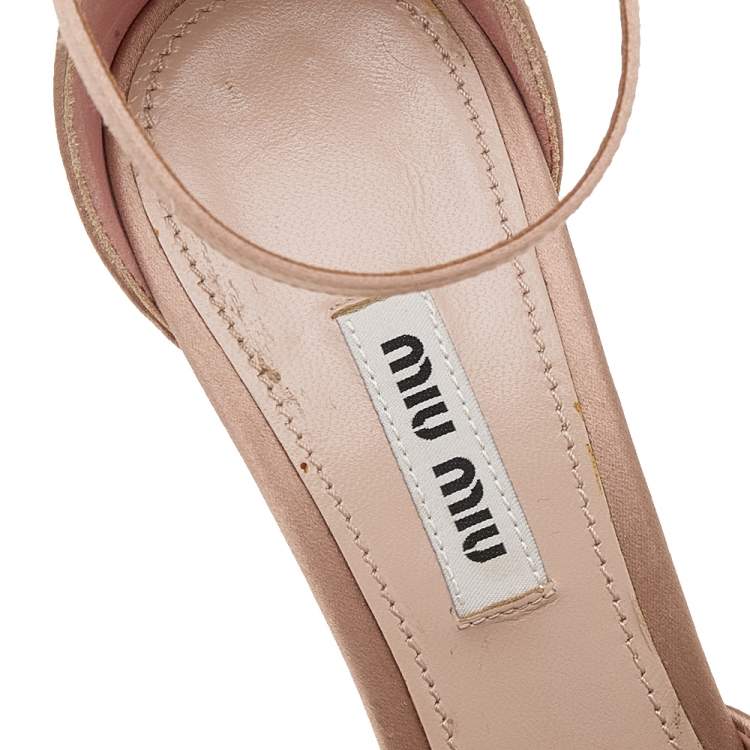 Pre Owned Miu Miu Beige Satin Crystal Embellished Platform Ankle Strap Sandals Size 37.5