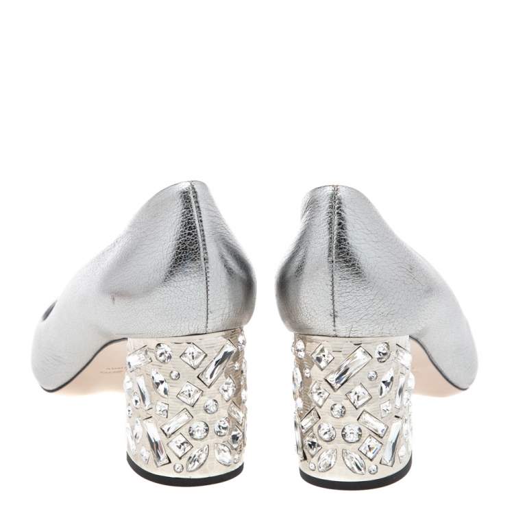 Pre Owned Miu Miu Metallic Silver Leather Crystal Embellished Block Heel Pumps Size 41