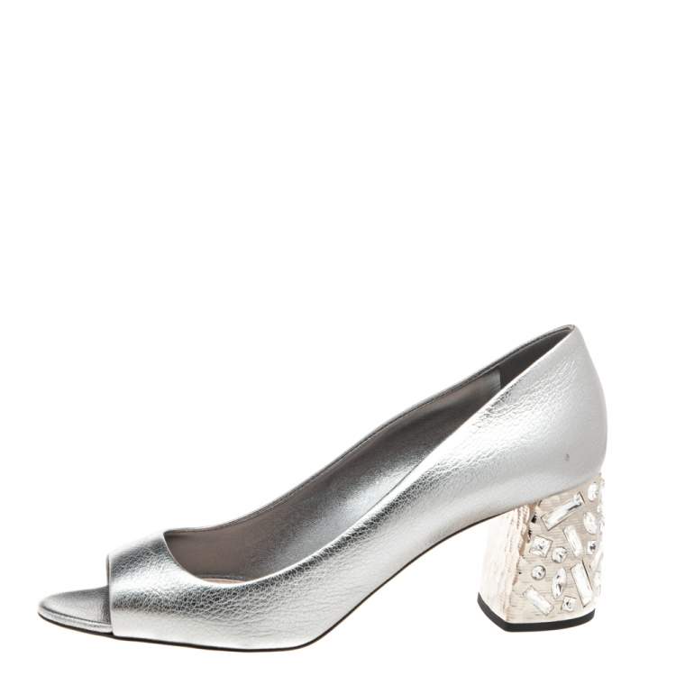 Pre Owned Miu Miu Metallic Silver Leather Crystal Embellished Block Heel Pumps Size 41
