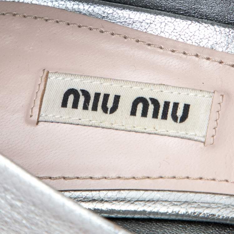 Pre Owned Miu Miu Metallic Silver Leather Crystal Embellished Block Heel Pumps Size 41