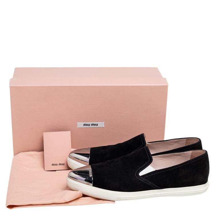 Pre Owned Miu Miu Black Suede Metal Cap Toe  Slip On Sneakers Size 38