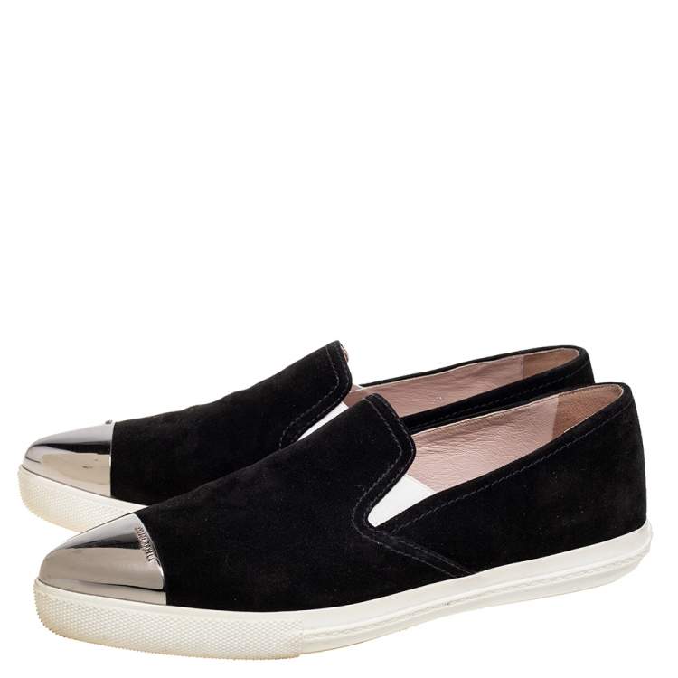 Pre Owned Miu Miu Black Suede Metal Cap Toe  Slip On Sneakers Size 38