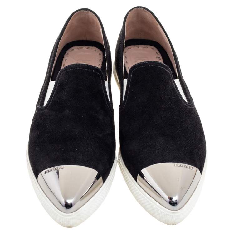 Pre Owned Miu Miu Black Suede Metal Cap Toe  Slip On Sneakers Size 38
