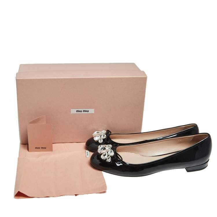 Pre Owned Miu Miu Black Patent Leather Crystal Embellished Ballet Flats Size 40