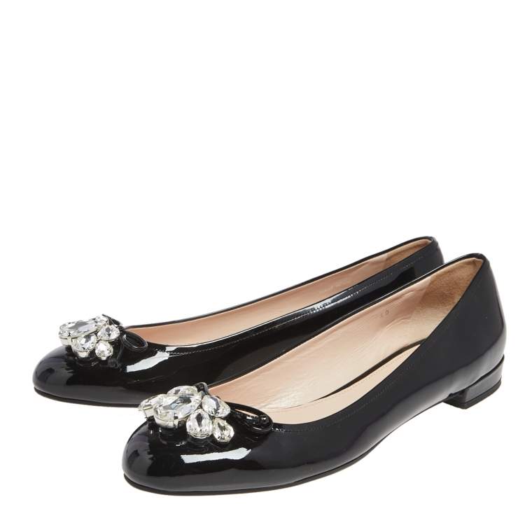 Pre Owned Miu Miu Black Patent Leather Crystal Embellished Ballet Flats Size 40