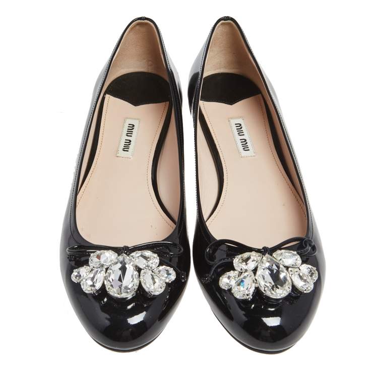 Pre Owned Miu Miu Black Patent Leather Crystal Embellished Ballet Flats Size 40