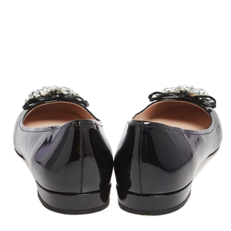 Pre Owned Miu Miu Black Patent Leather Crystal Embellished Ballet Flats Size 40