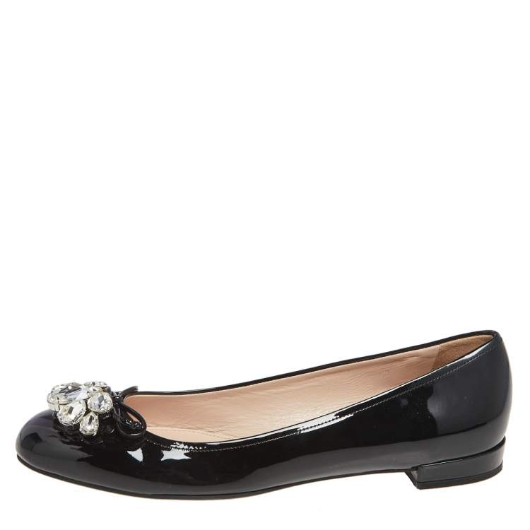 Pre Owned Miu Miu Black Patent Leather Crystal Embellished Ballet Flats Size 40