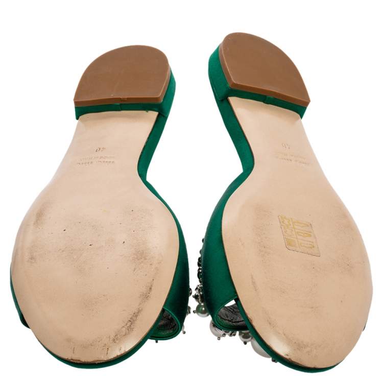 Pre Owned Miu Miu Green Satin Faux Pearl Embellished Flat Slides Size 40