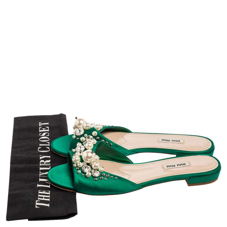 Pre Owned Miu Miu Green Satin Faux Pearl Embellished Flat Slides Size 40
