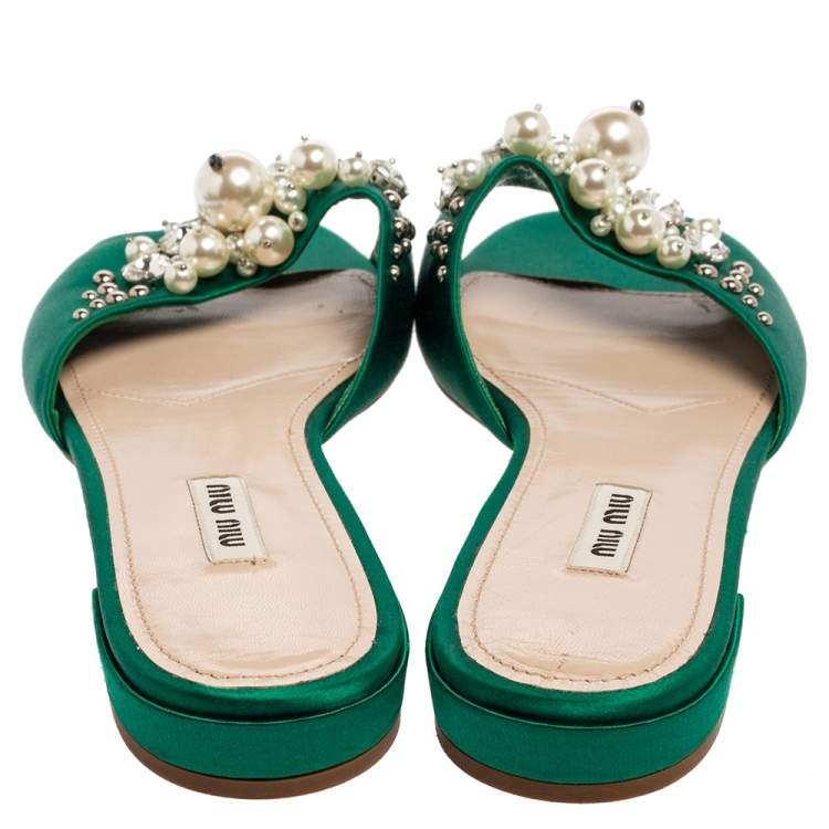 Pre Owned Miu Miu Green Satin Faux Pearl Embellished Flat Slides Size 40