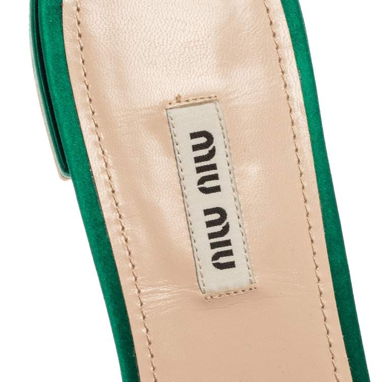 Pre Owned Miu Miu Green Satin Faux Pearl Embellished Flat Slides Size 40