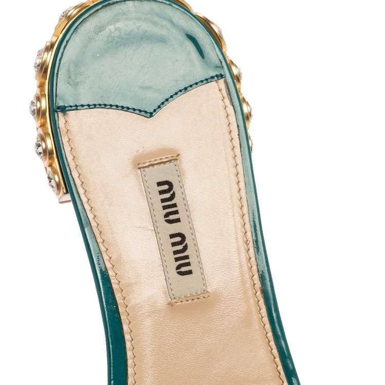 Pre Owned Miu Miu Green Patent Leather Embellished Bow Slide Sandals Size 41