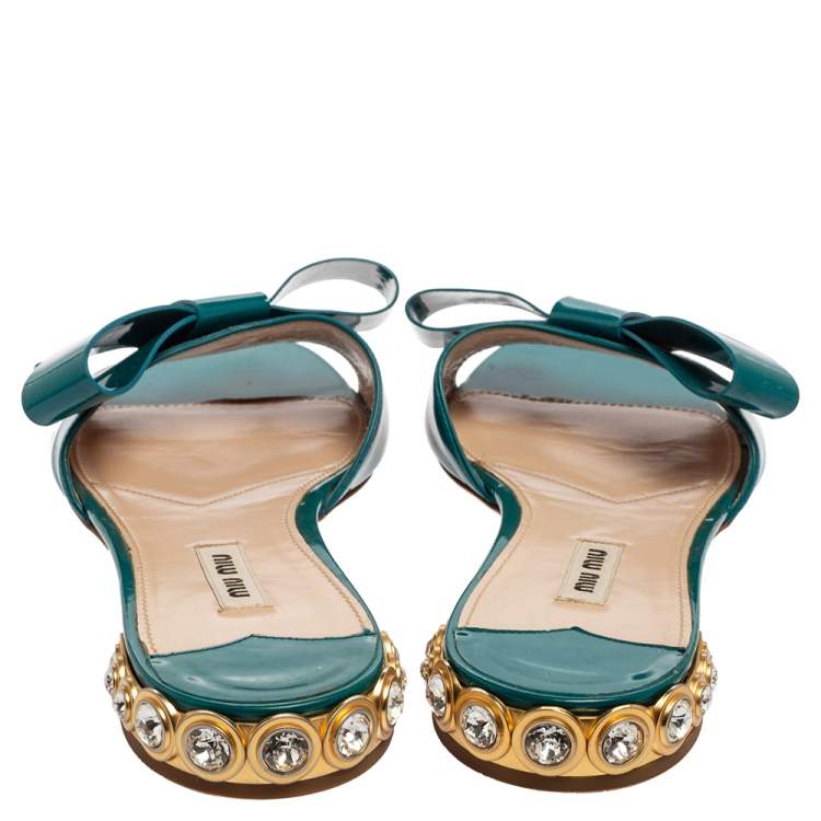 Pre Owned Miu Miu Green Patent Leather Embellished Bow Slide Sandals Size 41