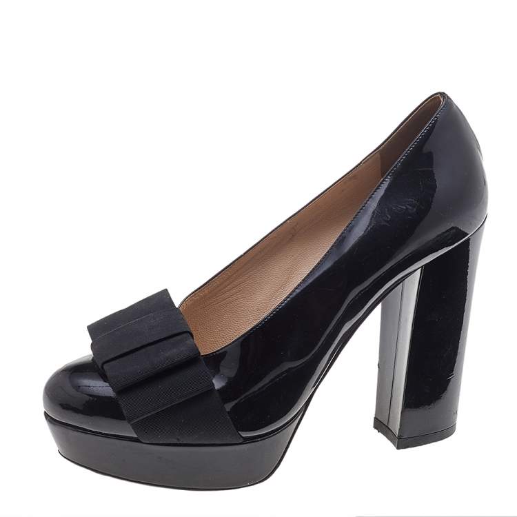 Pre Owned Miu Miu Black Patent Leather Bow Platform Pumps Size 35.5