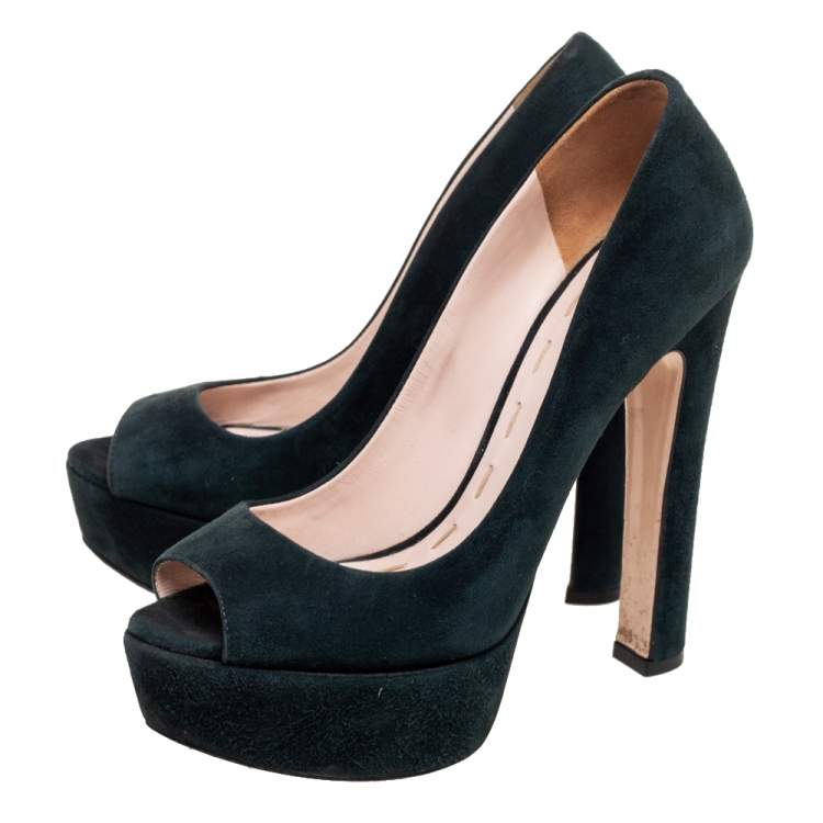 Pre Owned Miu Miu Dark Green Suede Peep Toe Platform Pumps Size 36