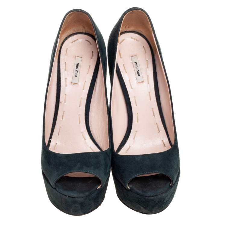 Pre Owned Miu Miu Dark Green Suede Peep Toe Platform Pumps Size 36
