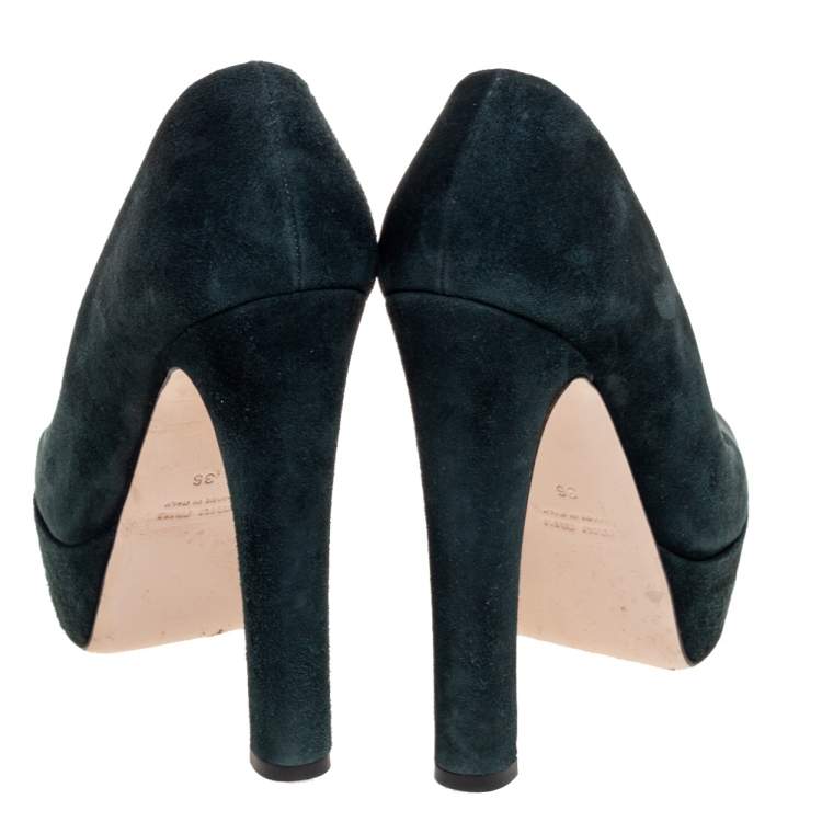 Pre Owned Miu Miu Dark Green Suede Peep Toe Platform Pumps Size 36