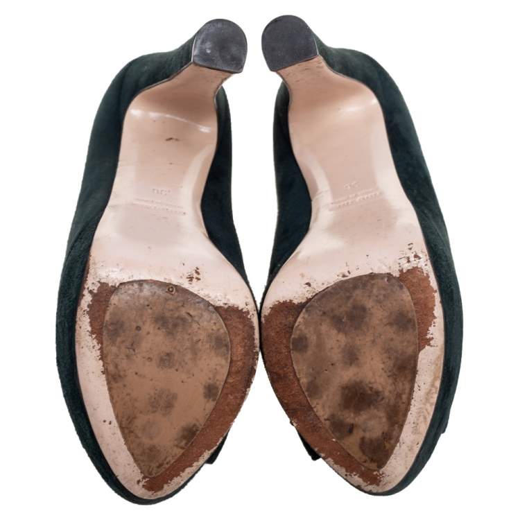 Pre Owned Miu Miu Dark Green Suede Peep Toe Platform Pumps Size 36