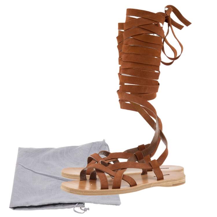 Pre Owned Miu Miu Brown Suede Gladiator Flat Sandals Size 38