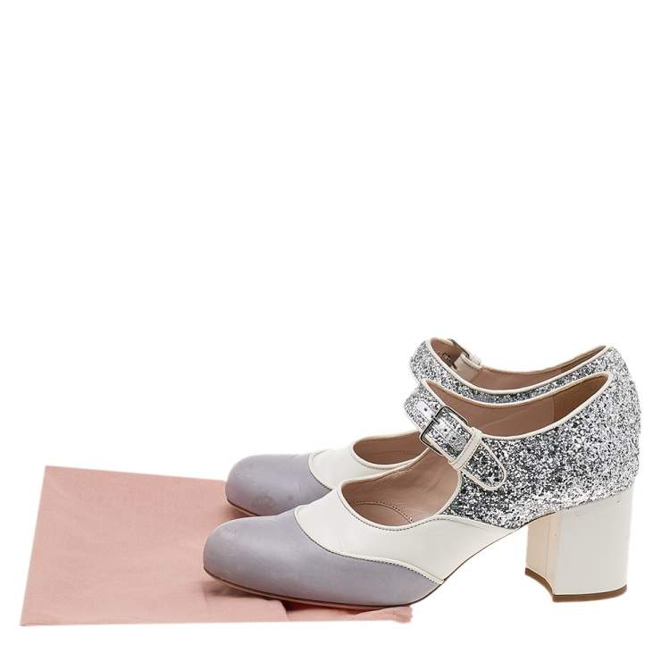 Pre Owned Miu Miu Multicolor Leather And Glitter Mary Jane Pumps Size 37
