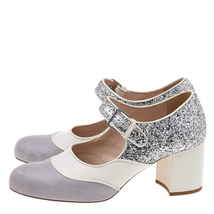 Pre Owned Miu Miu Multicolor Leather And Glitter Mary Jane Pumps Size 37