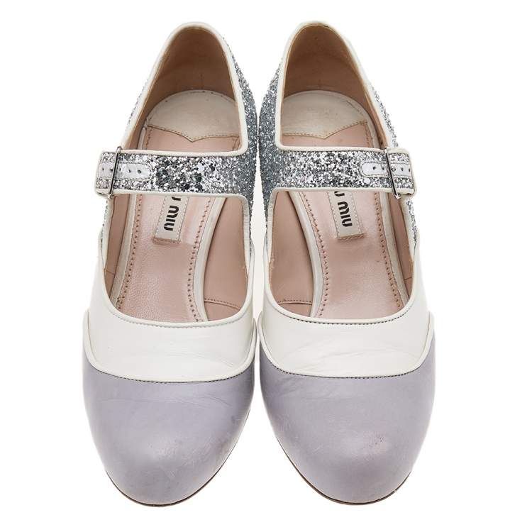 Pre Owned Miu Miu Multicolor Leather And Glitter Mary Jane Pumps Size 37