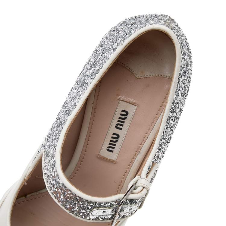 Pre Owned Miu Miu Multicolor Leather And Glitter Mary Jane Pumps Size 37