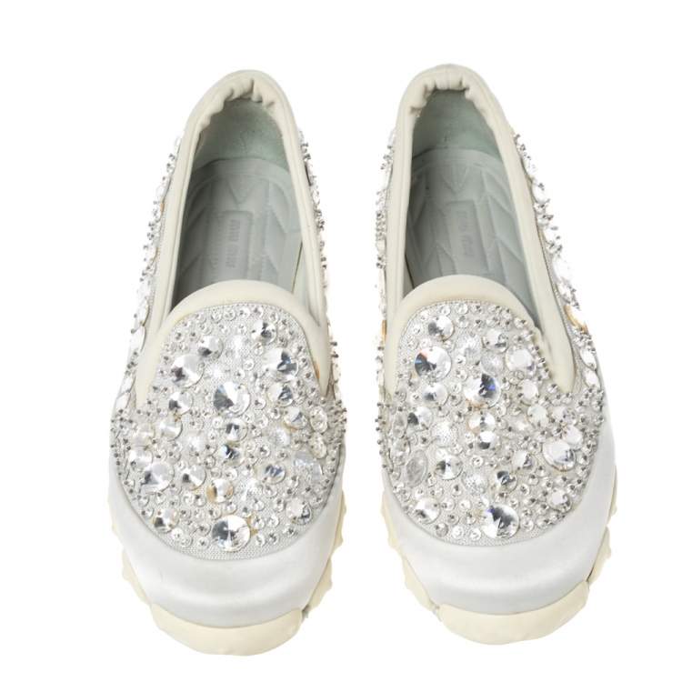 Pre Owned Miu Miu Grey Satin And Fabric Crystal Embellished Slip On Sneakers Size 38.5