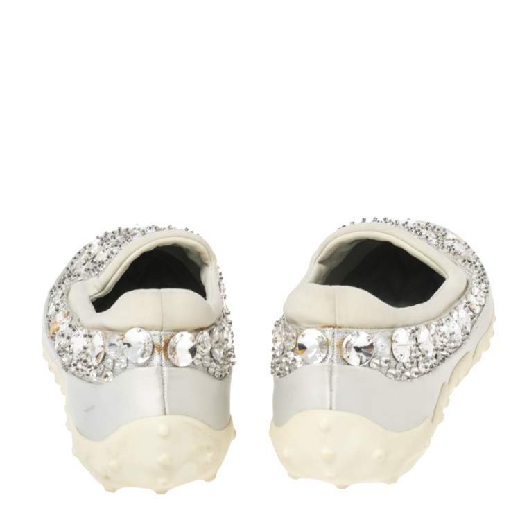Pre Owned Miu Miu Grey Satin And Fabric Crystal Embellished Slip On Sneakers Size 38.5